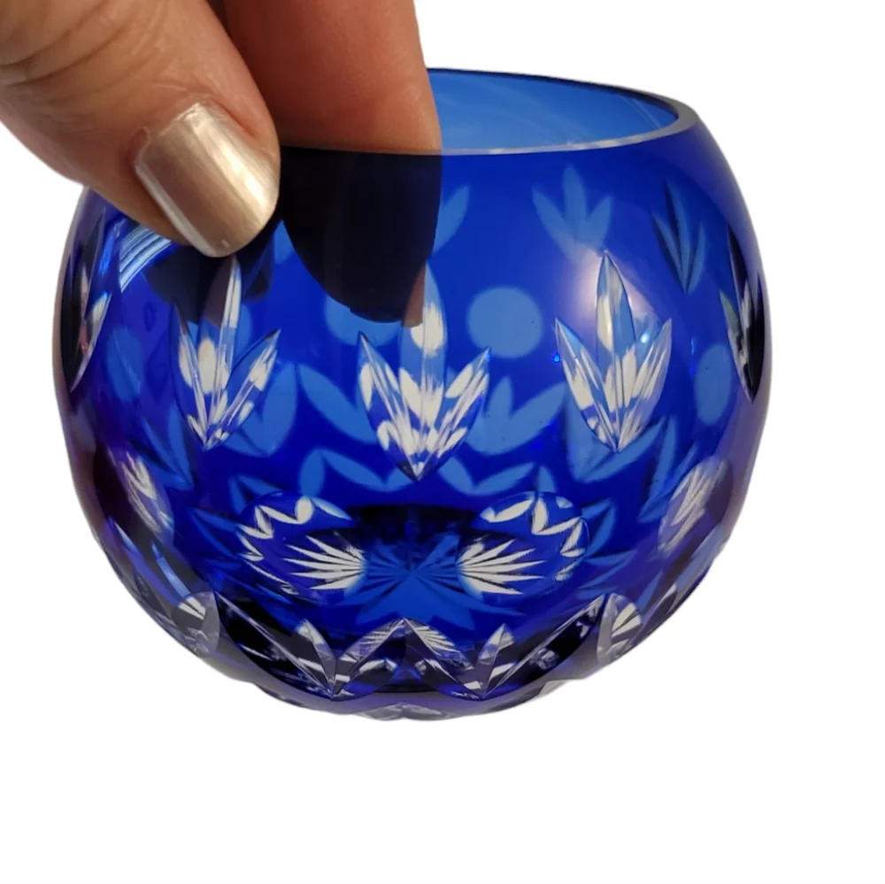 Cut to Clear Crystal Candle Holder Vase Royal Blue Clear